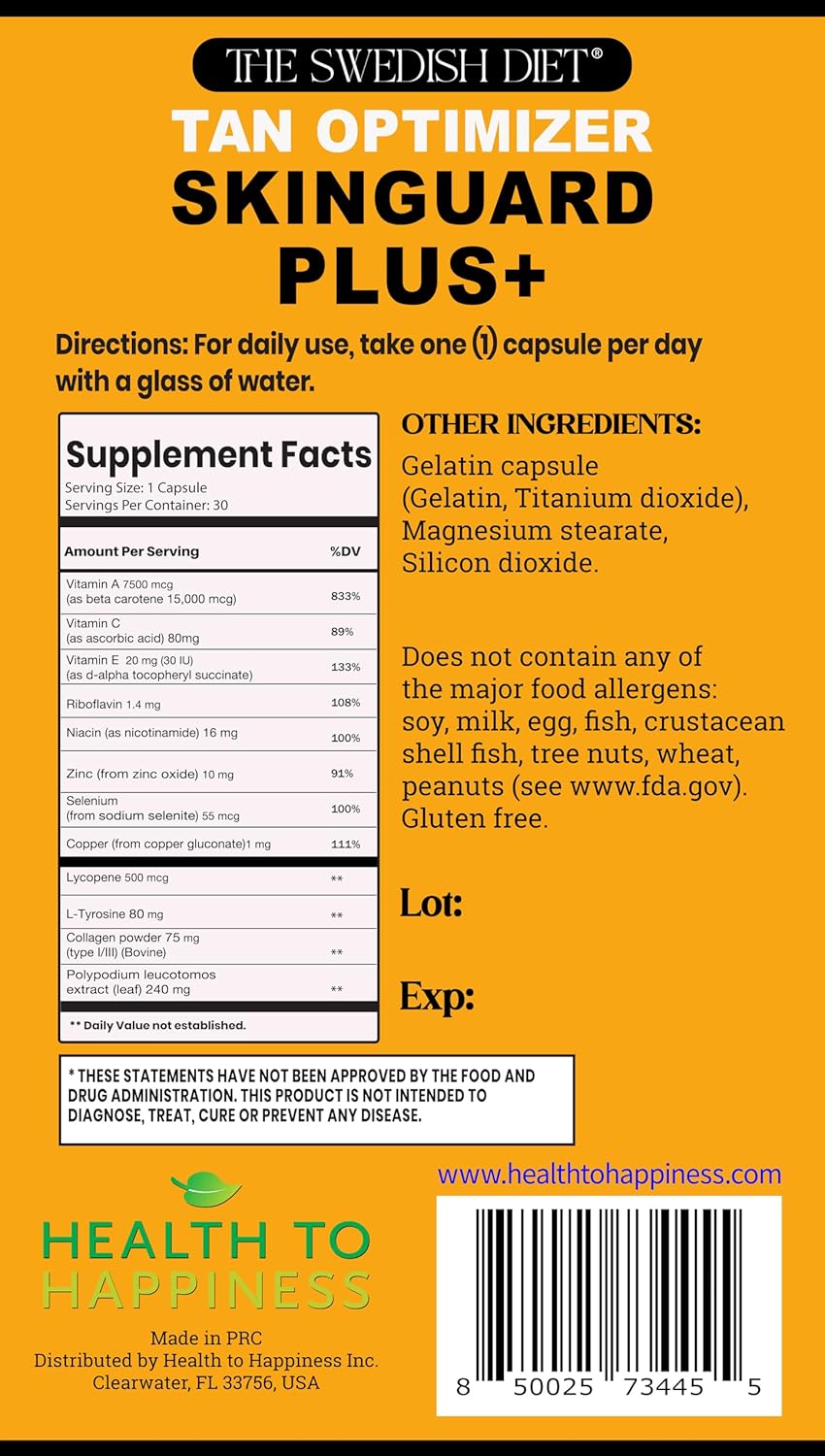 Swedish Diet Tan Optimizer SkinGuard Plus+ Supplement - Anti-Aging & Radiant Skin - 30 Capsules - BoostGo Australia