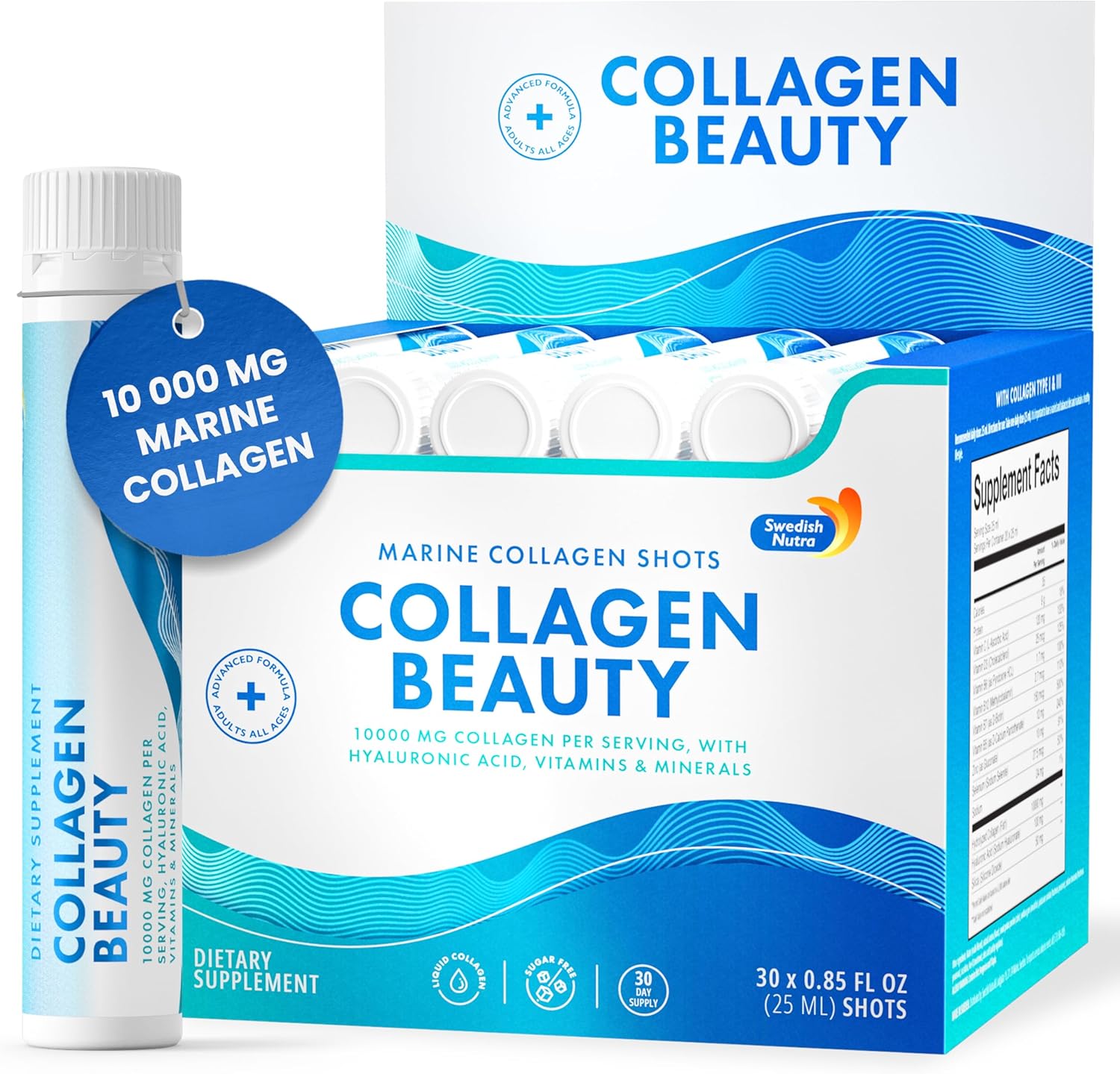 Swedish Nutra Collagen Beauty Liquid Supplement - 10,000 mg Hydrolyzed Marine Collagen Shots with Hyaluronic Acid and Vitamin C for Hair, Skin, Nails - 30 x 25 ml - Sugar-Free