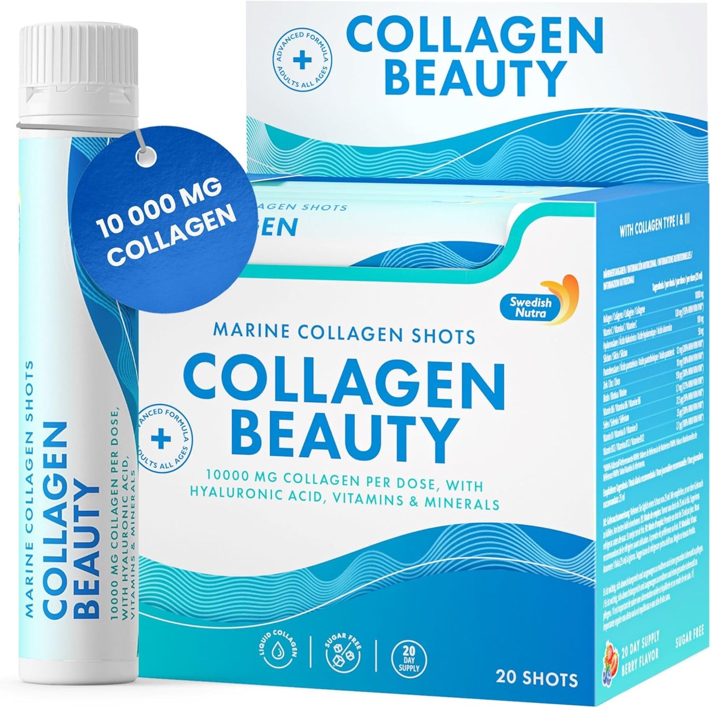 Swedish Nutra Collagen Beauty Liquid Supplement - 10,000 mg Hydrolyzed Marine Collagen Shots with Hyaluronic Acid and Vitamin C for Healthy Hair, Skin, Nails - Sugar-Free - 20 x 25 ml