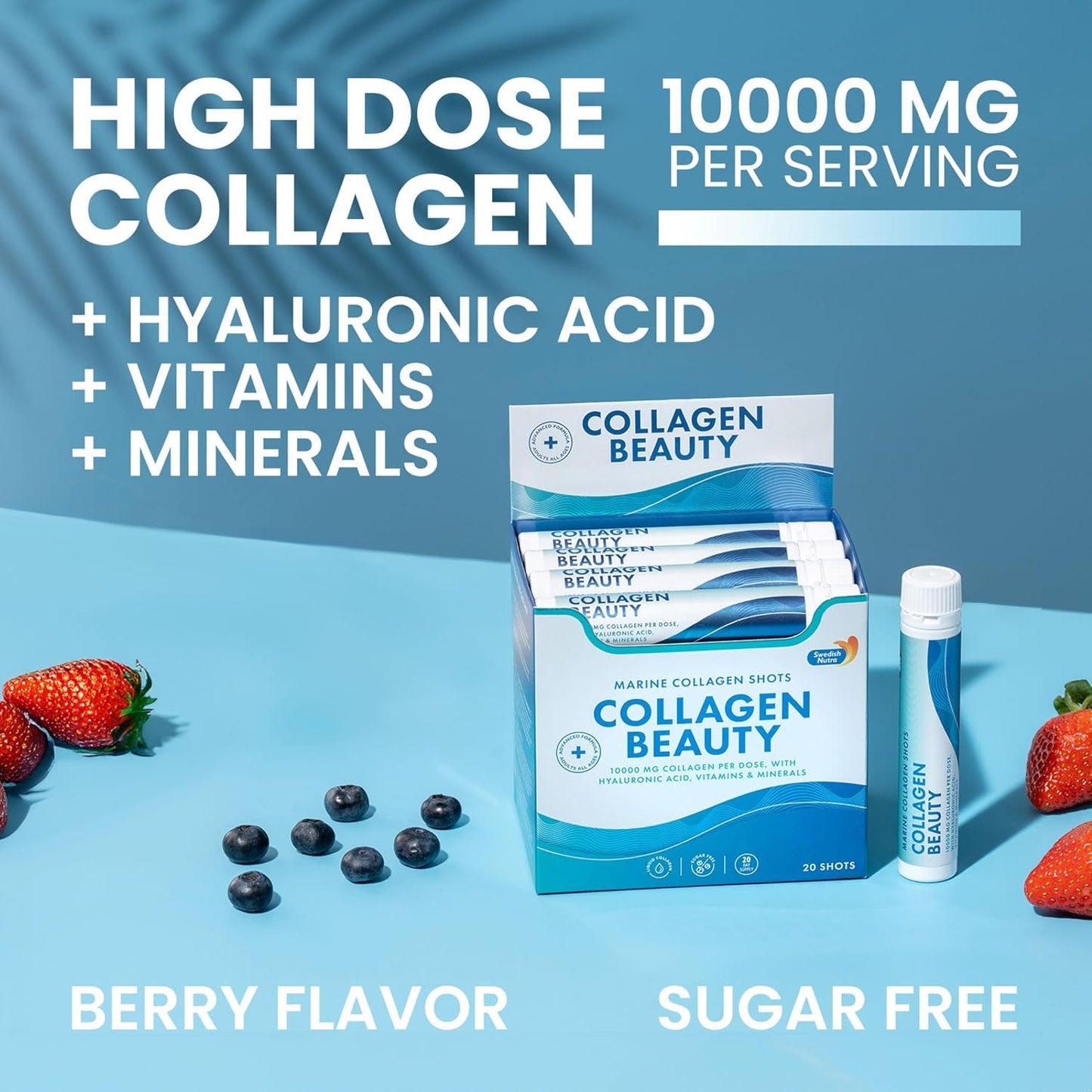 Swedish Nutra Collagen Beauty Liquid Supplement - 10,000 mg Hydrolyzed Marine Collagen Shots with Hyaluronic Acid and Vitamin C for Healthy Hair, Skin, Nails - Sugar-Free - 20 x 25 ml