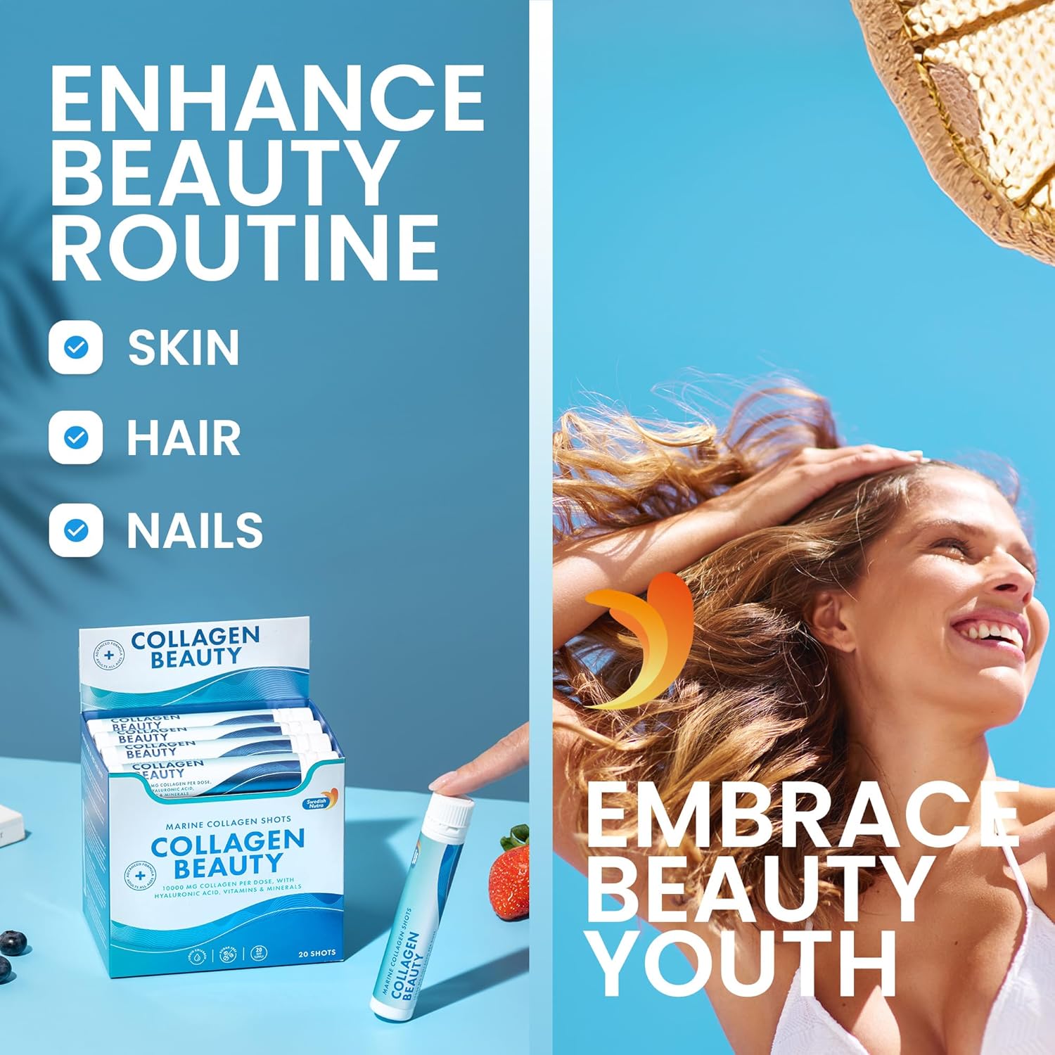 Swedish Nutra Collagen Beauty Liquid Supplement - 10,000 mg Hydrolyzed Marine Collagen Shots with Hyaluronic Acid and Vitamin C for Hair, Skin, Nails - 30 x 25 ml - Sugar-Free