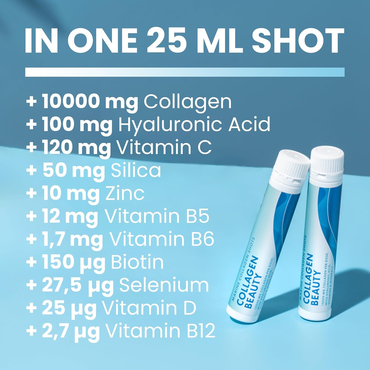 Swedish Nutra Collagen Beauty Liquid Supplement - 10,000 mg Hydrolyzed Marine Collagen Shots with Hyaluronic Acid and Vitamin C for Hair, Skin, Nails - 30 x 25 ml - Sugar-Free