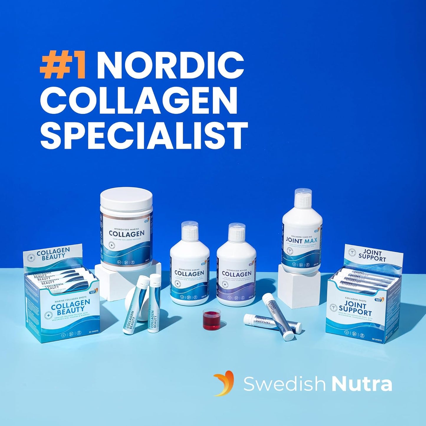 Swedish Nutra Collagen Beauty Liquid Supplement - 10,000 mg Hydrolyzed Marine Collagen Shots with Hyaluronic Acid and Vitamin C for Hair, Skin, Nails - 30 x 25 ml - Sugar-Free