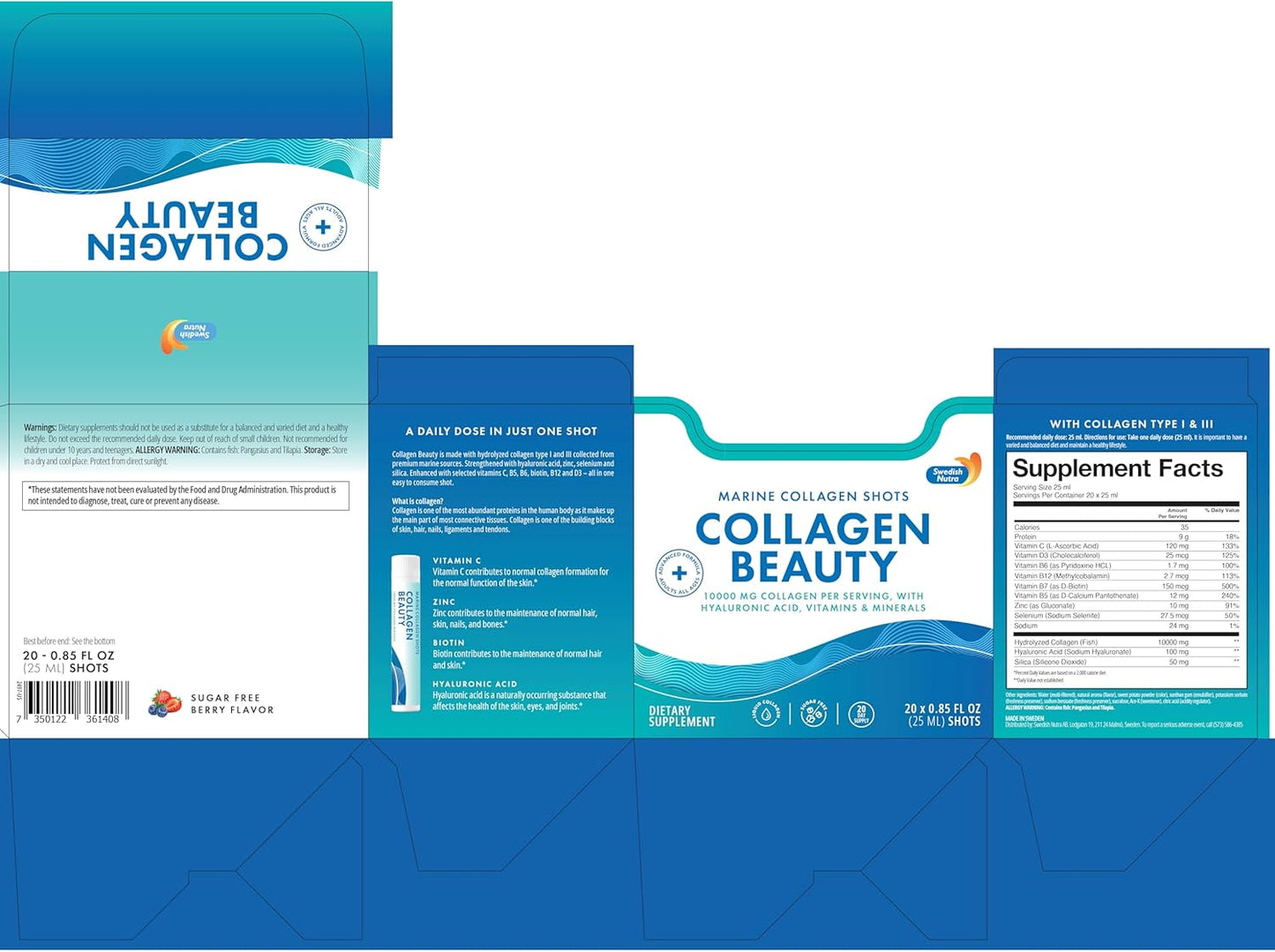 Swedish Nutra Collagen Beauty Liquid Supplement - 10,000 mg Hydrolyzed Marine Collagen Shots with Hyaluronic Acid and Vitamin C for Hair, Skin, Nails - 30 x 25 ml - Sugar-Free
