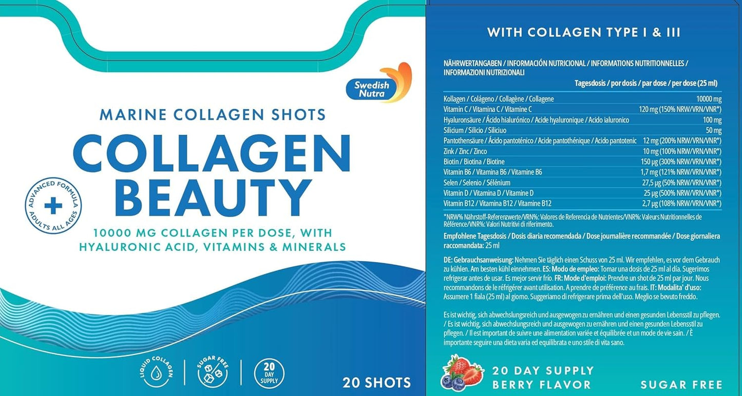 Swedish Nutra Collagen Beauty Liquid Supplement - 10,000 mg Hydrolyzed Marine Collagen Shots with Hyaluronic Acid and Vitamin C for Healthy Hair, Skin, Nails - Sugar-Free - 20 x 25 ml