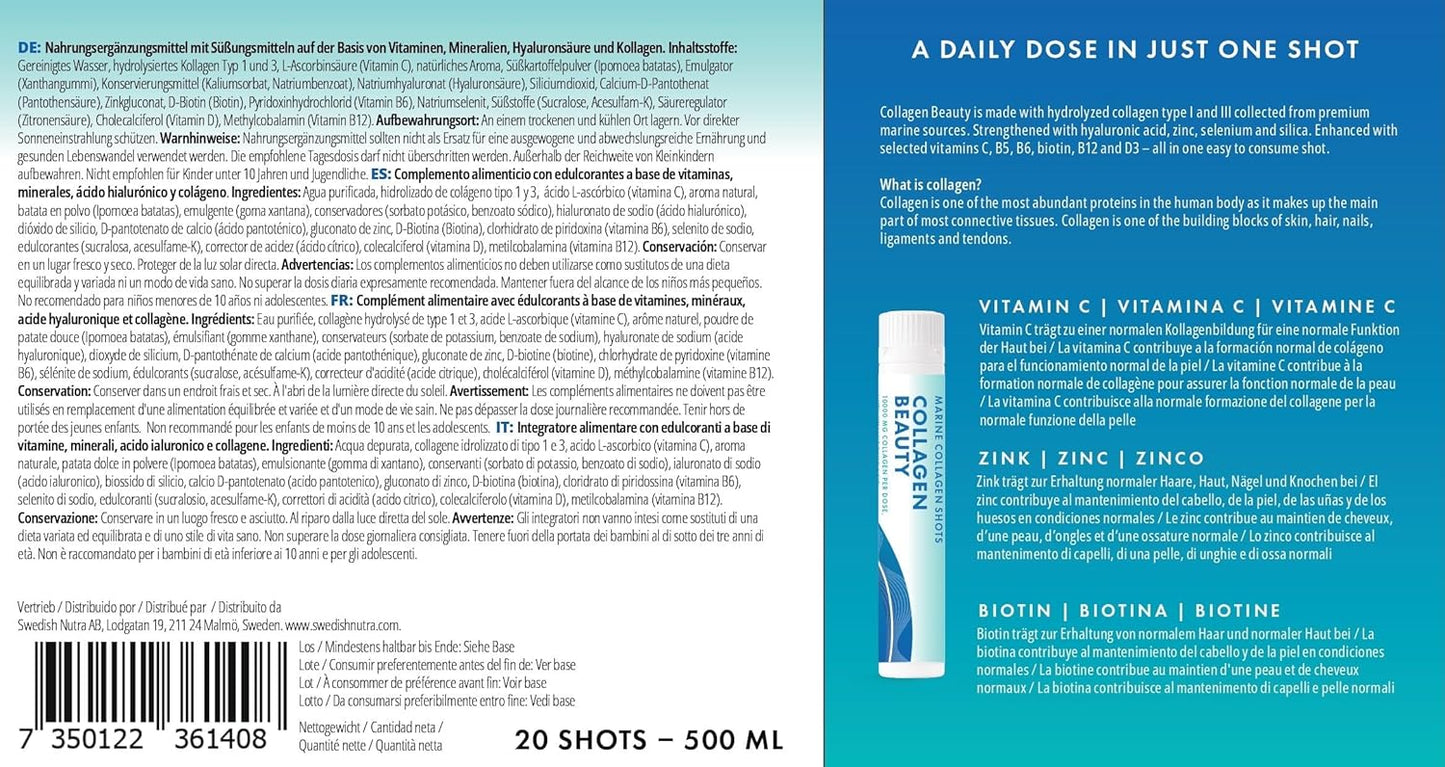 Swedish Nutra Collagen Beauty Liquid Supplement - 10,000 mg Hydrolyzed Marine Collagen Shots with Hyaluronic Acid and Vitamin C for Healthy Hair, Skin, Nails - Sugar-Free - 20 x 25 ml