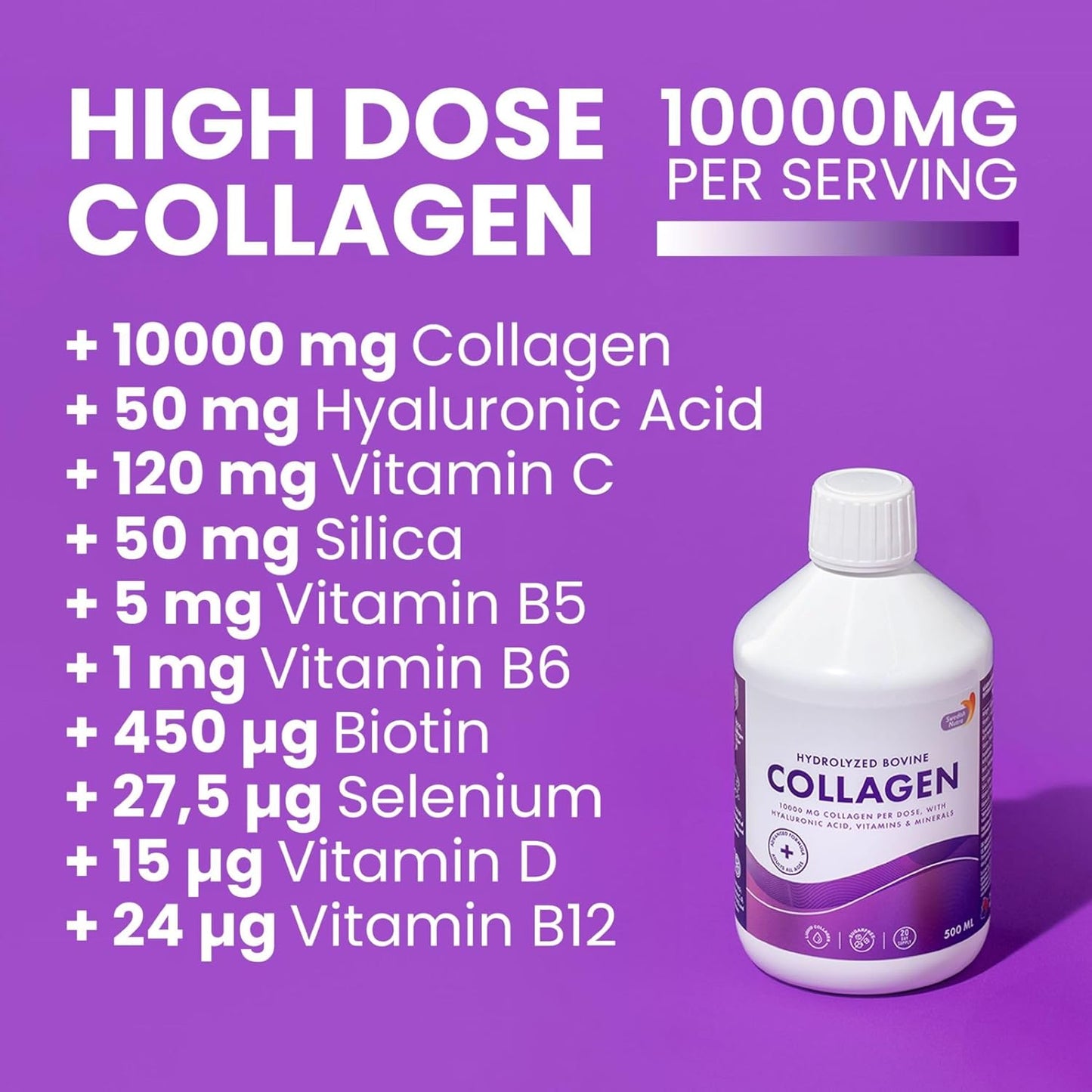 Swedish Nutra Liquid Collagen 10000mg with Hyaluronic Acid and Biotin in Natural Flavor - 500ml Bottle, Sugar-Free - Promotes Healthier Skin, Hair, and Nails - High Absorption Formula - 20 Day Supply