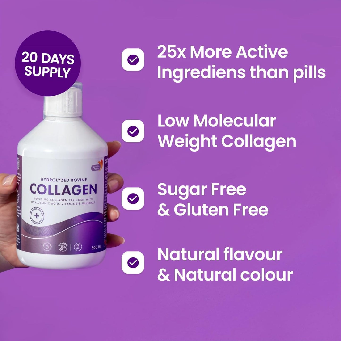Swedish Nutra Liquid Collagen 10000mg with Hyaluronic Acid and Biotin in Natural Flavor - 500ml Bottle, Sugar-Free - Promotes Healthier Skin, Hair, and Nails - High Absorption Formula - 20 Day Supply