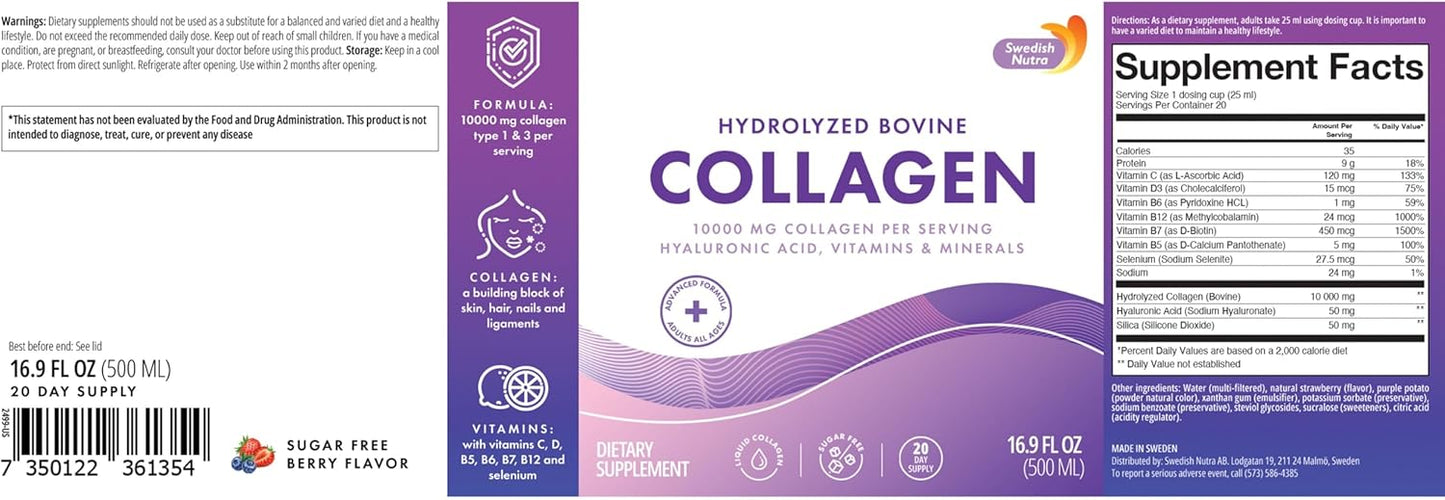 Swedish Nutra Liquid Collagen 10000mg with Hyaluronic Acid and Biotin in Natural Flavor - 500ml Bottle, Sugar-Free - Promotes Healthier Skin, Hair, and Nails - High Absorption Formula - 20 Day Supply