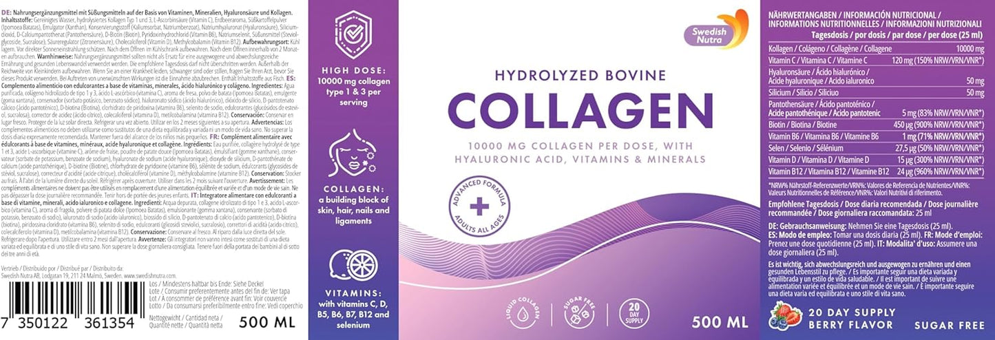 Swedish Nutra Liquid Collagen 10000mg with Hyaluronic Acid and Biotin in Natural Flavor - 500ml Bottle, Sugar-Free - Promotes Healthier Skin, Hair, and Nails - High Absorption Formula - 20 Day Supply
