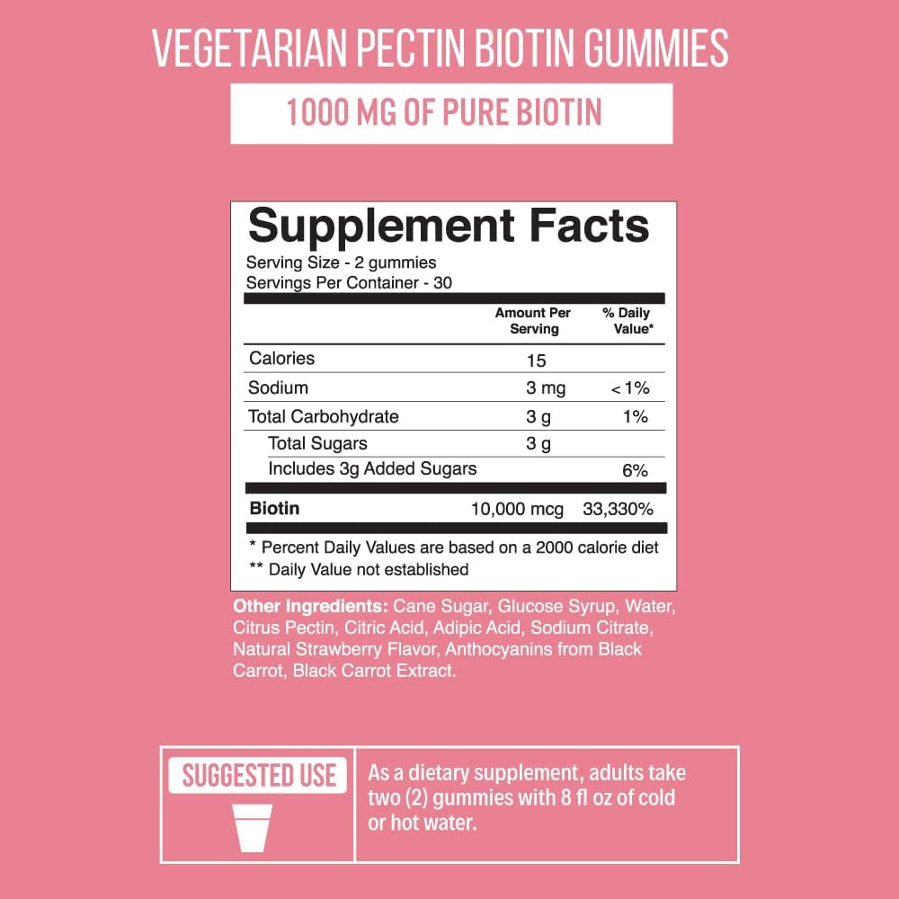 SweetHeartBeauty Biotin Gummies 10000mcg for Hair Skin Nails - Hair Vitamin - Non-GMO, Vegan Hair Growth Supplement - 60 Chewables