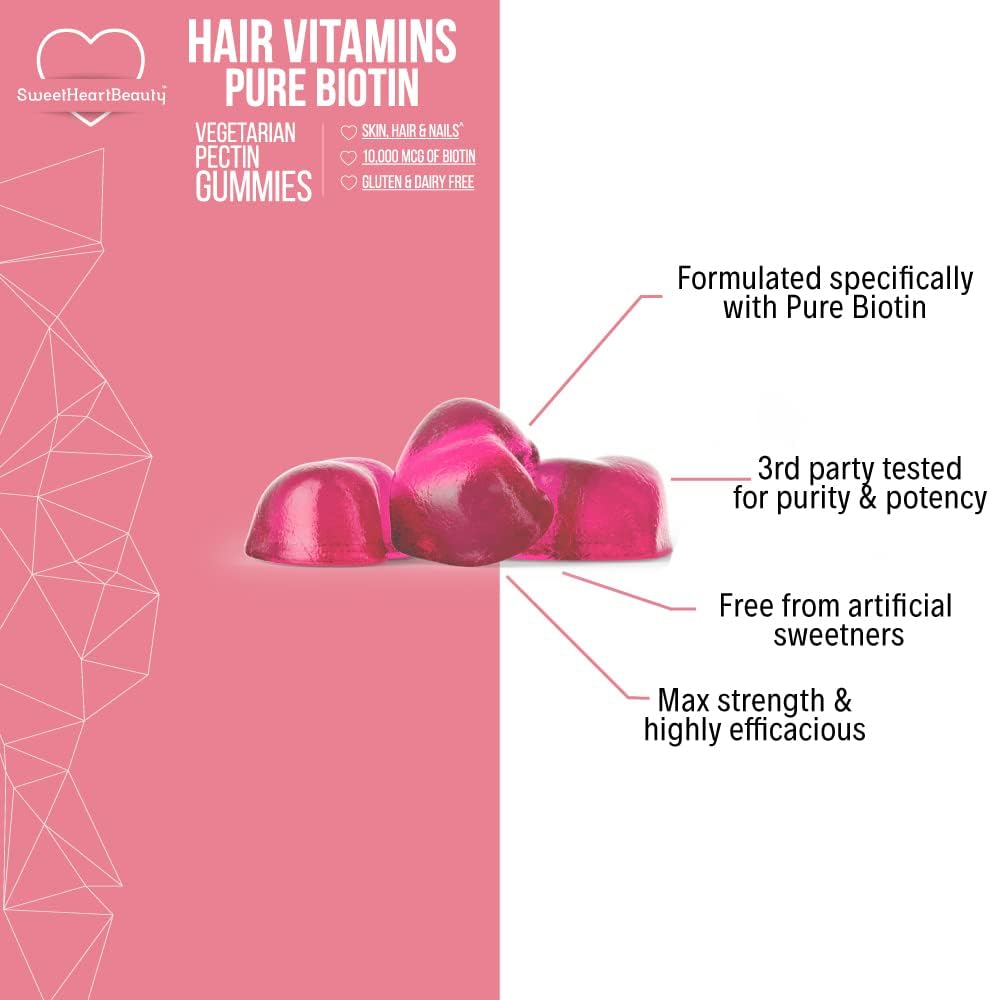 SweetHeartBeauty Biotin Gummies 10000mcg for Hair Skin Nails - Hair Vitamin - Non-GMO, Vegan Hair Growth Supplement - 60 Chewables