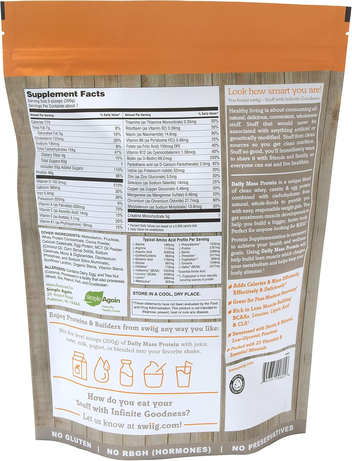 swiig Chocolate Mass Builder Protein Powder - Non-GMO, No Artificial Ingredients, No Fillers - 3.3lbs