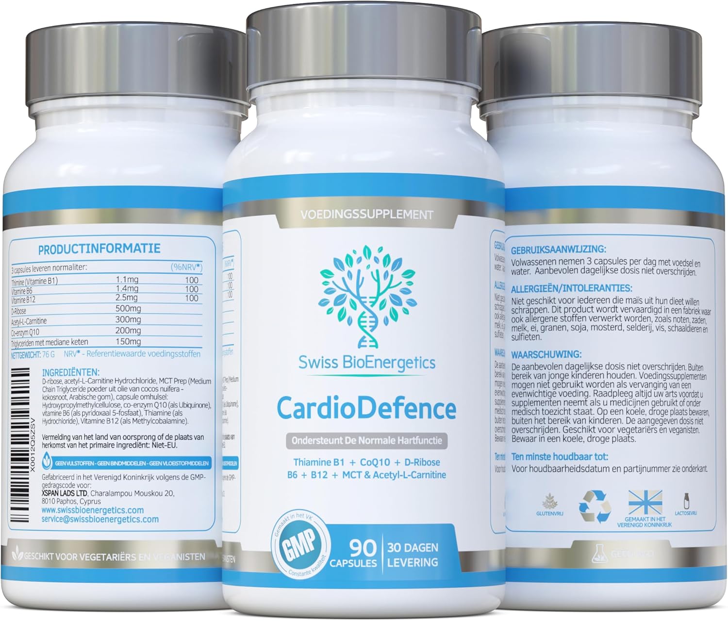 Swiss Bioenergetics CardioDefence - 90 Capsules with CoQ10, D-Ribose, Acetyl L-Carnitine, B Vitamins, MCT for Heart Health and Energy