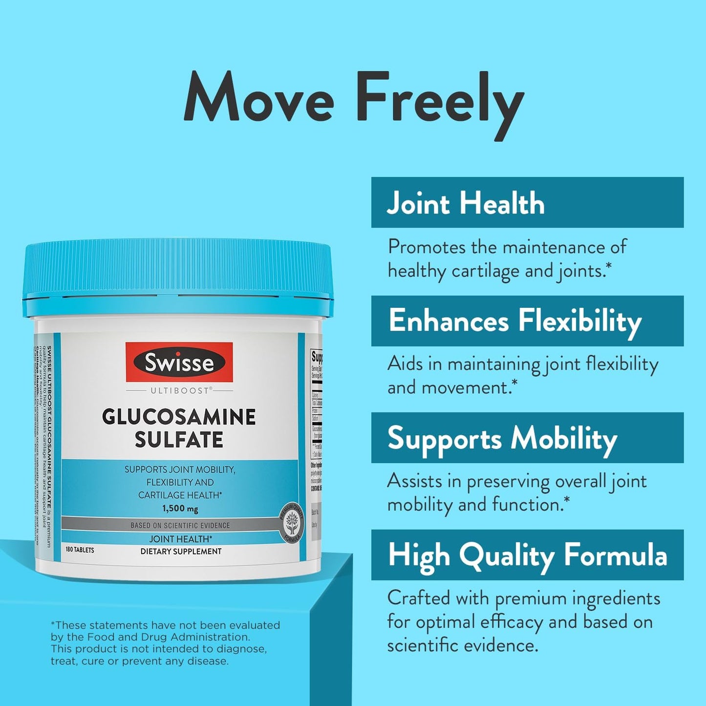 Swisse Glucosamine Sulfate Mobility Support Supplement for Women and Men - 180 Tablets - 1500mg Glucosamine - Promotes Flexibility and Joint Health
