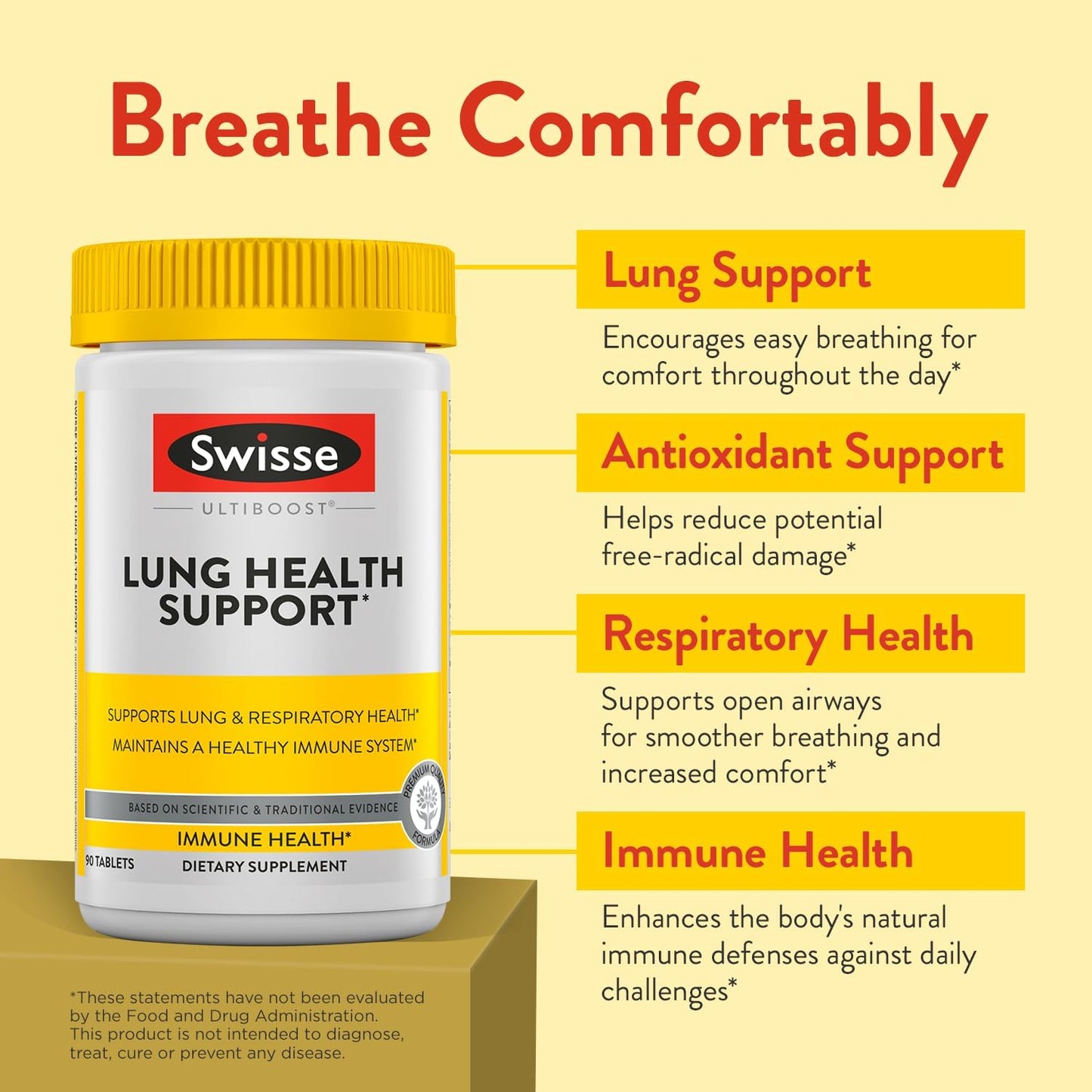 Swisse Lung Health Tablets | Enhances Respiratory Health with Mullein Leaf & Reishi | Boosts Immune System with Zinc & Vitamin C | 90 Tabs
