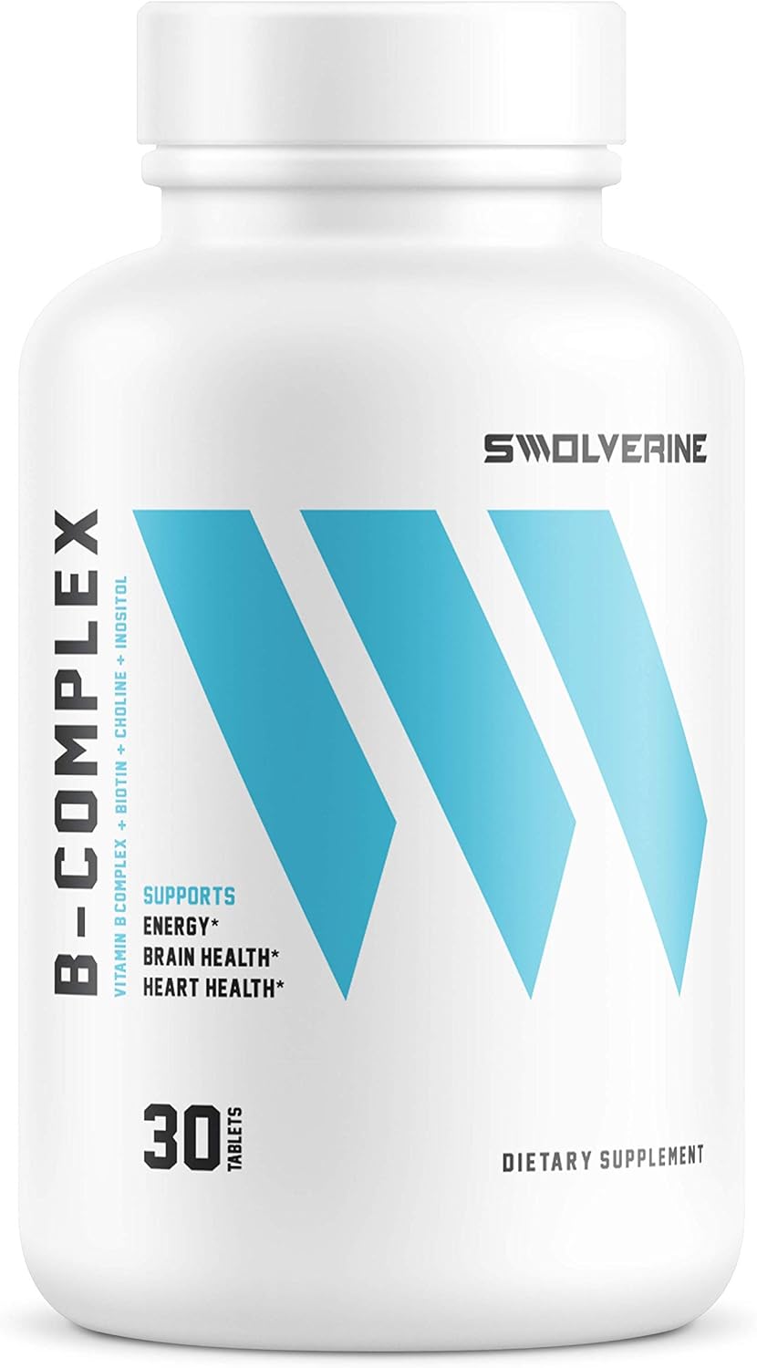 Swolverine B-Vitamin Complex - B12, B1, B2, B3, B5, B6, B7, B9, Folic Acid, Choline, Inositol, Biotin - Stress, Energy, Immune Support (30 Servings)