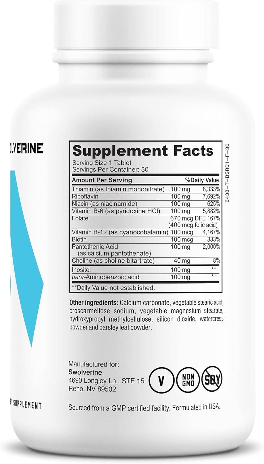 Swolverine B-Vitamin Complex - B12, B1, B2, B3, B5, B6, B7, B9, Folic Acid, Choline, Inositol, Biotin - Stress, Energy, Immune Support (30 Servings)