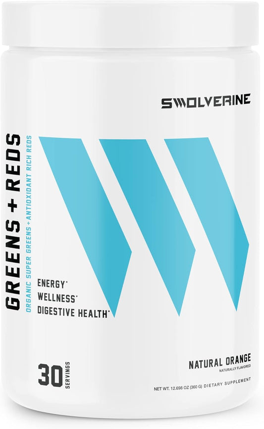 Swolverine Super Greens & Reds Powder with Spirulina, Chlorella, Wheat Grass, Pomegranate, Beet Root, Turmeric - Natural Orange Flavor (30 Servings)