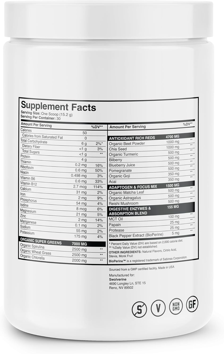 Swolverine Super Greens & Reds Powder with Spirulina, Chlorella, Wheat Grass, Pomegranate, Beet Root, Turmeric - Natural Orange Flavor (30 Servings)