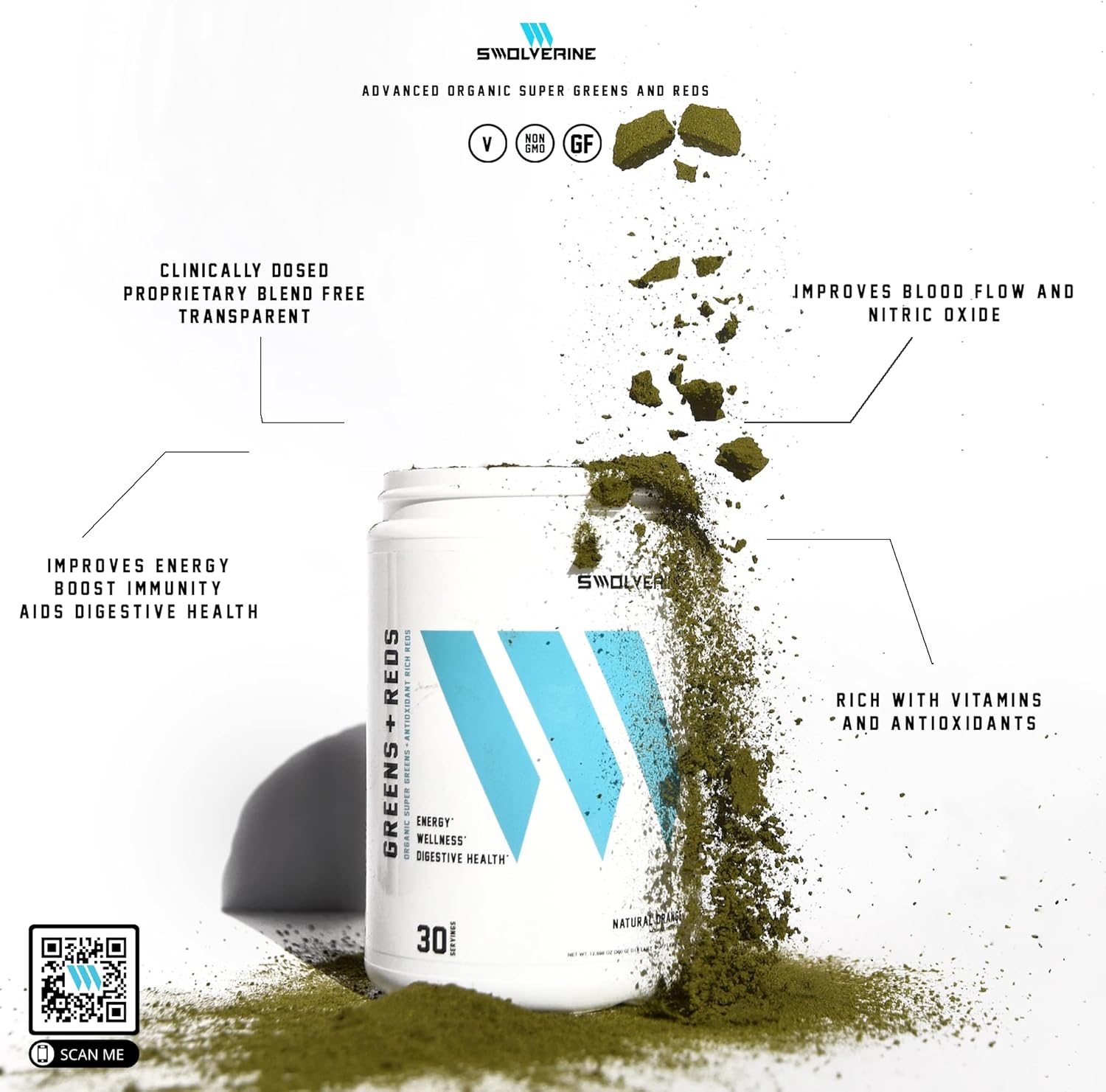 Swolverine Super Greens & Reds Powder with Spirulina, Chlorella, Wheat Grass, Pomegranate, Beet Root, Turmeric - Natural Orange Flavor (30 Servings)