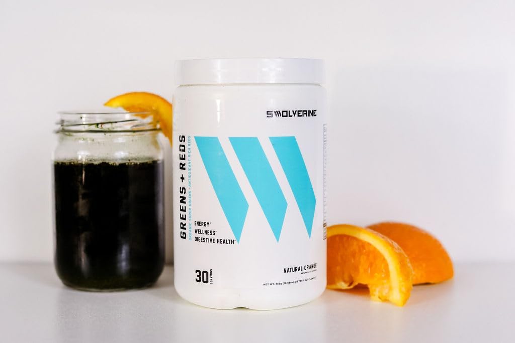 Swolverine Super Greens & Reds Powder with Spirulina, Chlorella, Wheat Grass, Pomegranate, Beet Root, Turmeric - Natural Orange Flavor (30 Servings)
