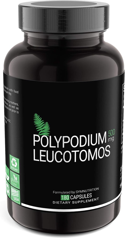 SYMNUTRITION Polypodium Leucotomos 500mg V-Capsules - 180 Count, 90 Servings, Vegan & Gluten Free - Made in USA cGMP Facility