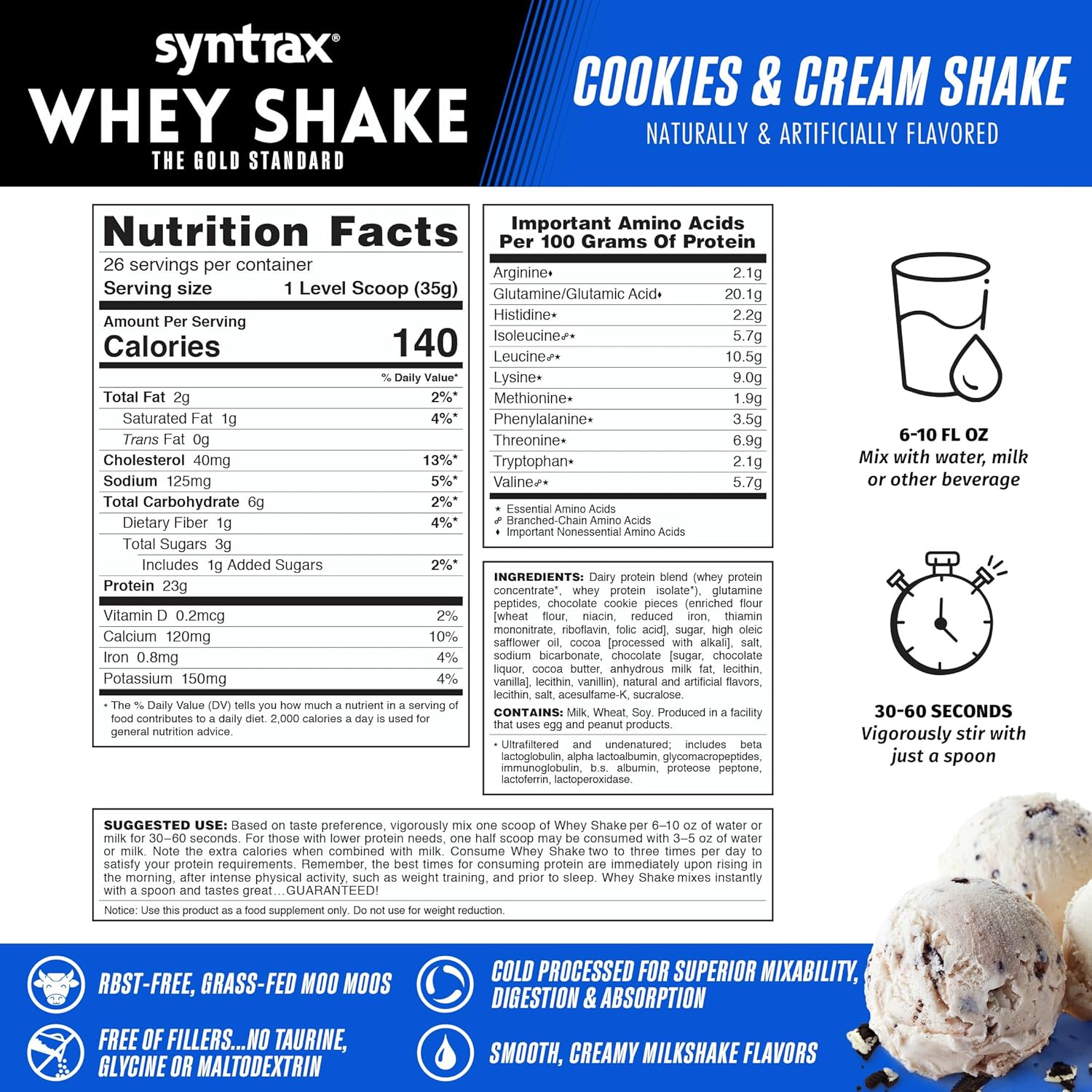 Syntrax Nutrition Cookies & Cream Whey Protein Shake Powder with Real Cookie Pieces - 2 lbs
