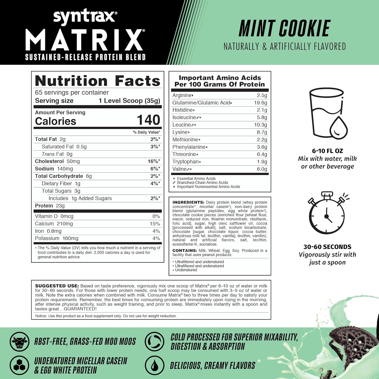 Syntrax Nutrition Matrix Mint Cookie Protein Powder, 5 lbs, Sustained-Release Blend with Real Cookie Pieces