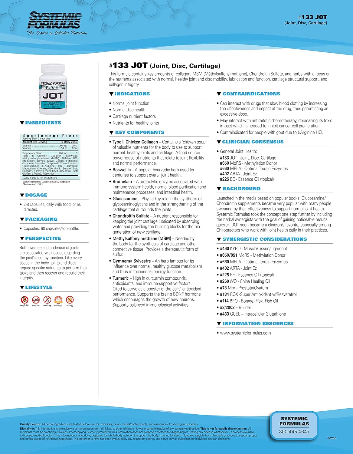 Systemic Formulas JOT - Joint/Disc/Cartilage Support Supplement - 60 Capsules - Bio Nutriment #133 - Promotes Cartilage Integrity, Joint Health, and Lubrication for Comfort and Healthy Joint, Disc, and Cartilage Formation.