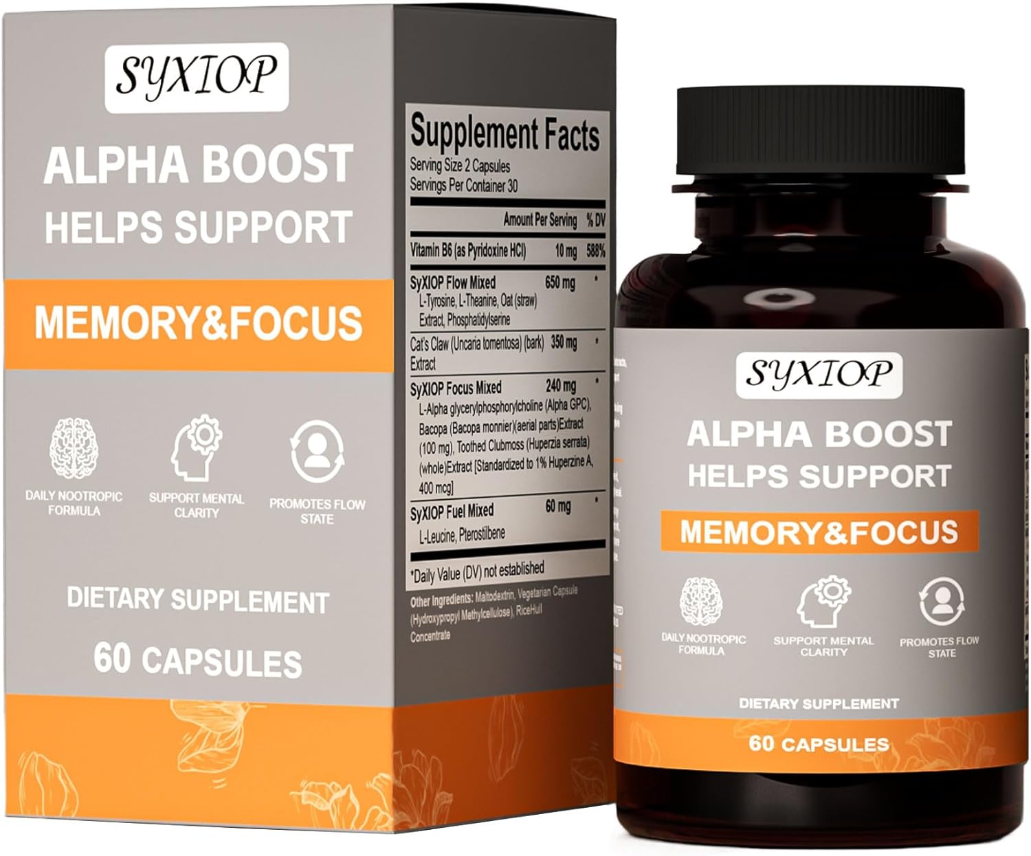 SyXIOP Alpha Boost Capsules: Vitamin B6, L-Tyrosine, L-Theanine, Enhance Brain Function, Concentration, and Memory Support, 60 Count