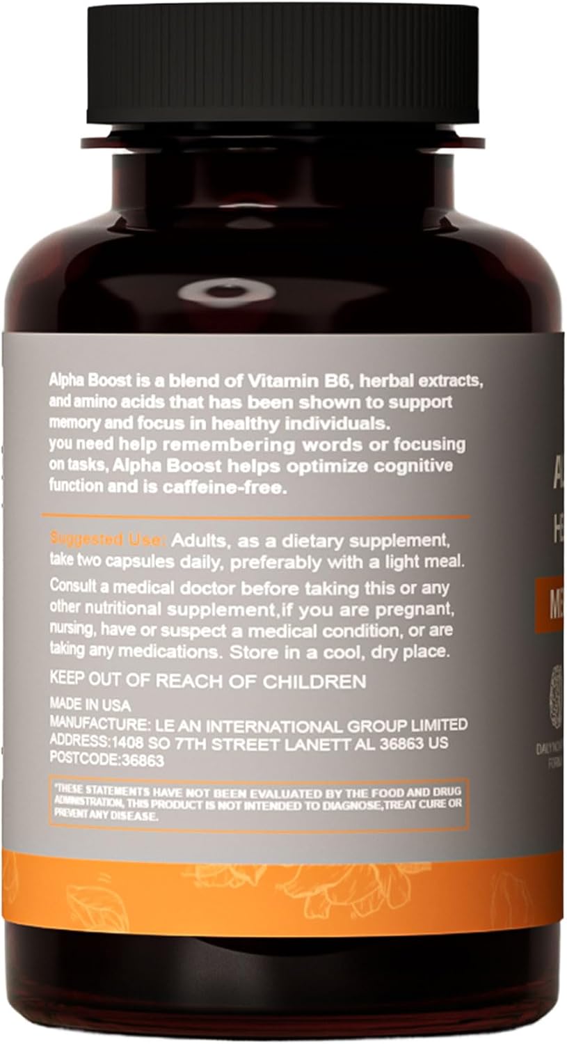 SyXIOP Alpha Boost Capsules: Vitamin B6, L-Tyrosine, L-Theanine, Enhance Brain Function, Concentration, and Memory Support, 60 Count