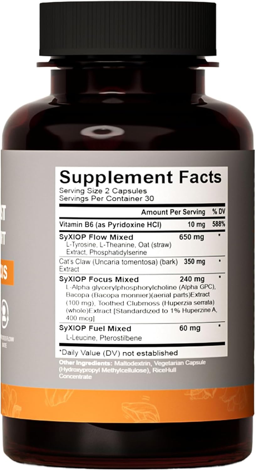 SyXIOP Alpha Boost Capsules: Vitamin B6, L-Tyrosine, L-Theanine, Enhance Brain Function, Concentration, and Memory Support, 60 Count