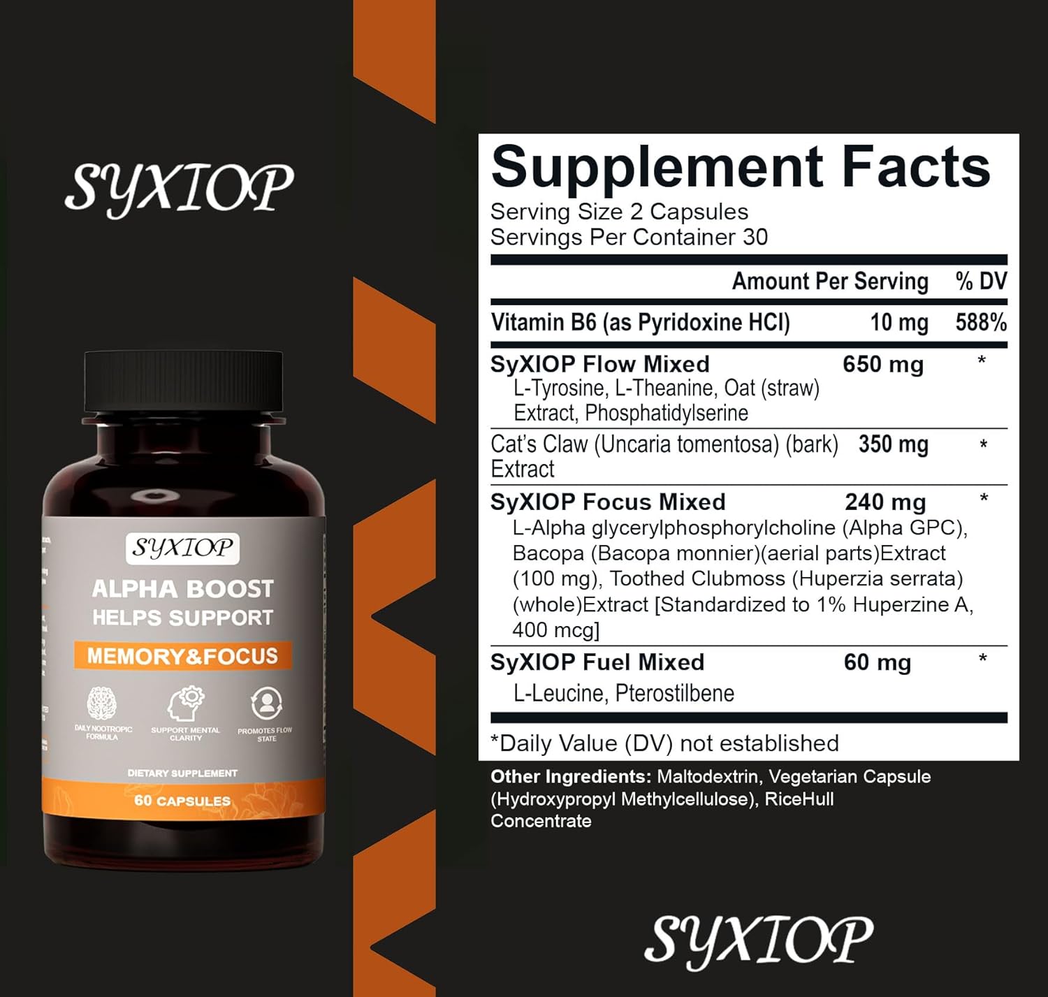 SyXIOP Alpha Boost Capsules: Vitamin B6, L-Tyrosine, L-Theanine, Enhance Brain Function, Concentration, and Memory Support, 60 Count