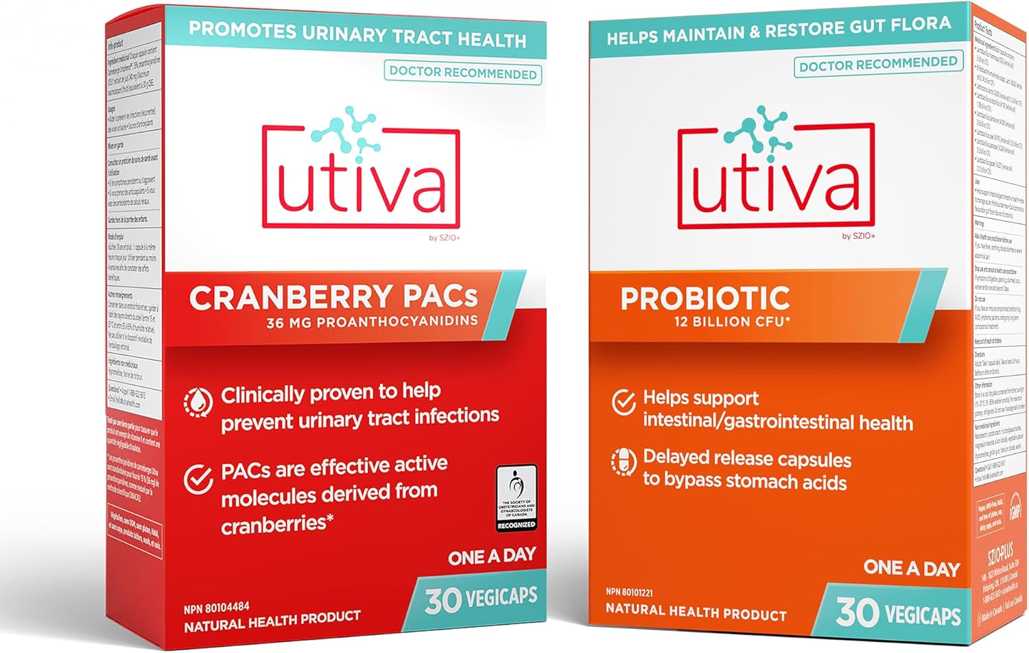 Szio+ 10% Bundle Utiva 36PAC Power Bundle - 30 Days Supply - Cranberry PACs & Probiotics - Locally Produced