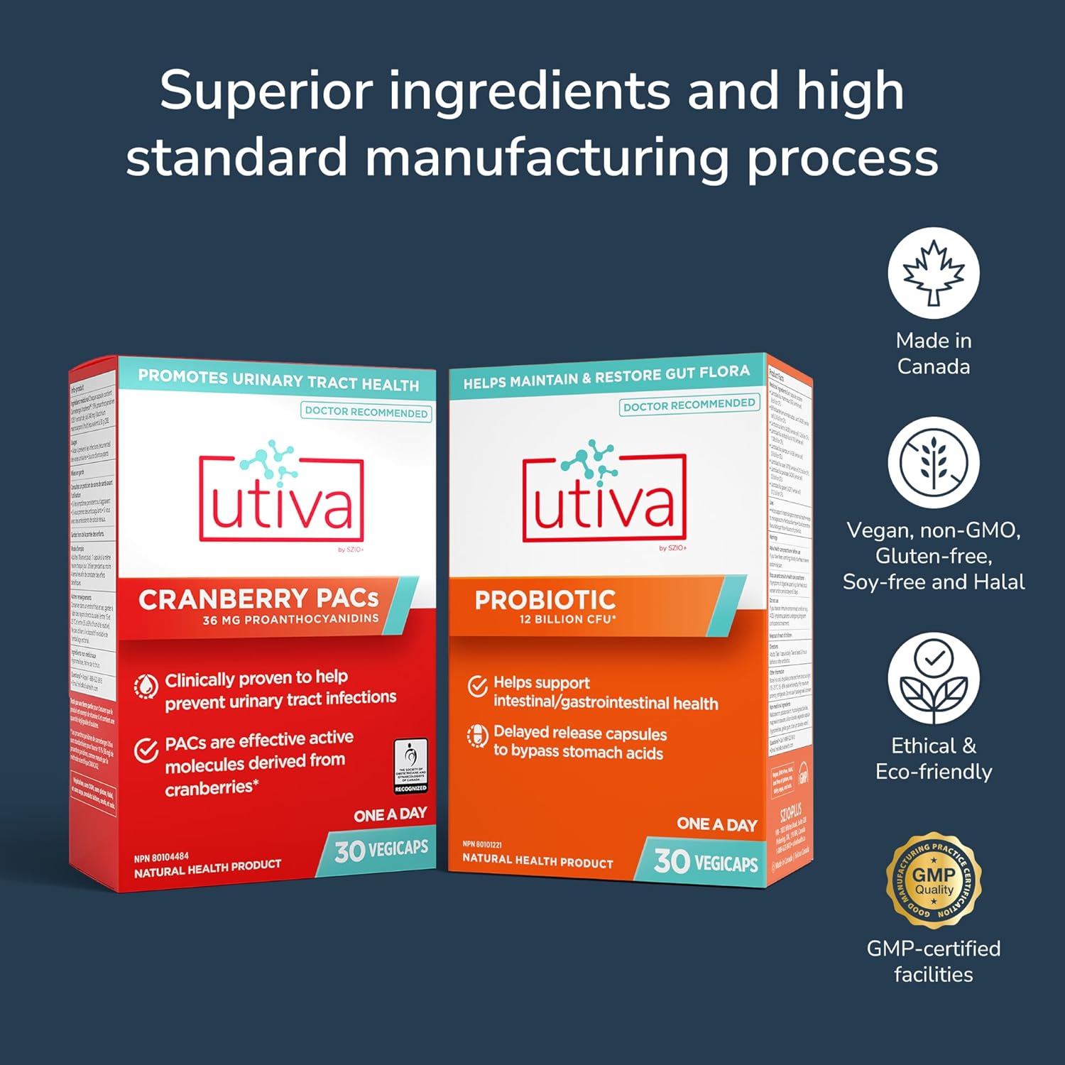 Szio+ 10% Bundle Utiva 36PAC Power Bundle - 30 Days Supply - Cranberry PACs & Probiotics - Locally Produced