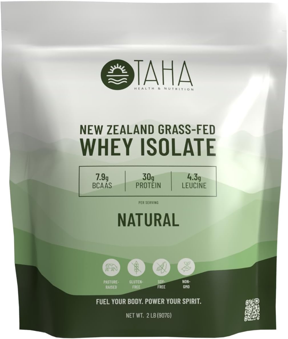 Taha Health & Nutrition Whey Protein Isolate - Unflavored, 30g Protein, 7.9g BCAAs, Grass-Fed, Gluten-Free - 2LB, ~26 Servings