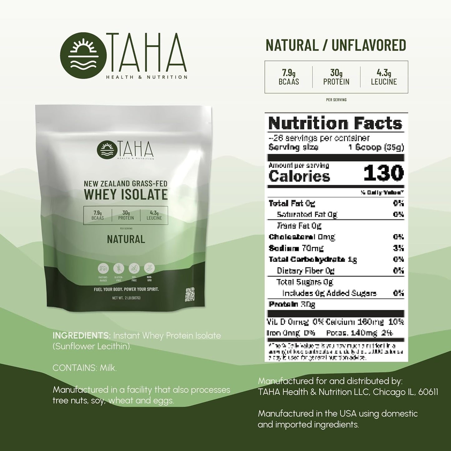 Taha Health & Nutrition Whey Protein Isolate - Unflavored, 30g Protein, 7.9g BCAAs, Grass-Fed, Gluten-Free - 2LB, ~26 Servings