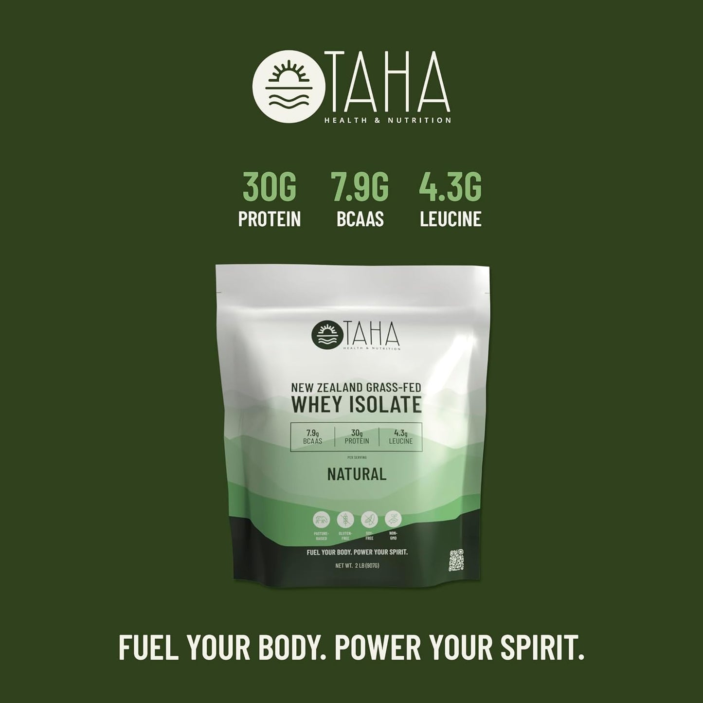 Taha Health & Nutrition Whey Protein Isolate - Unflavored, 30g Protein, 7.9g BCAAs, Grass-Fed, Gluten-Free - 2LB, ~26 Servings