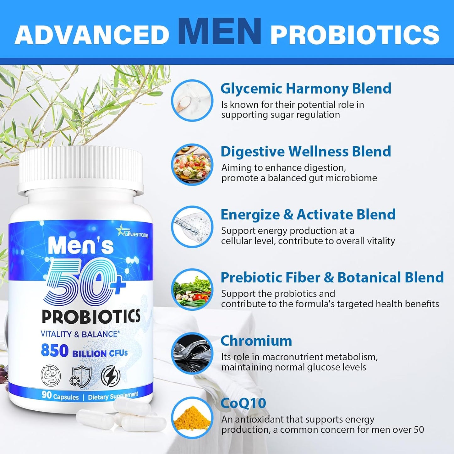 Tailored Wellness Men's Probiotics 50+ with 850 Billion CFU, 1800mg Prebiotics Fiber - Comprehensive Gut & Energy Support, 720 Capsules