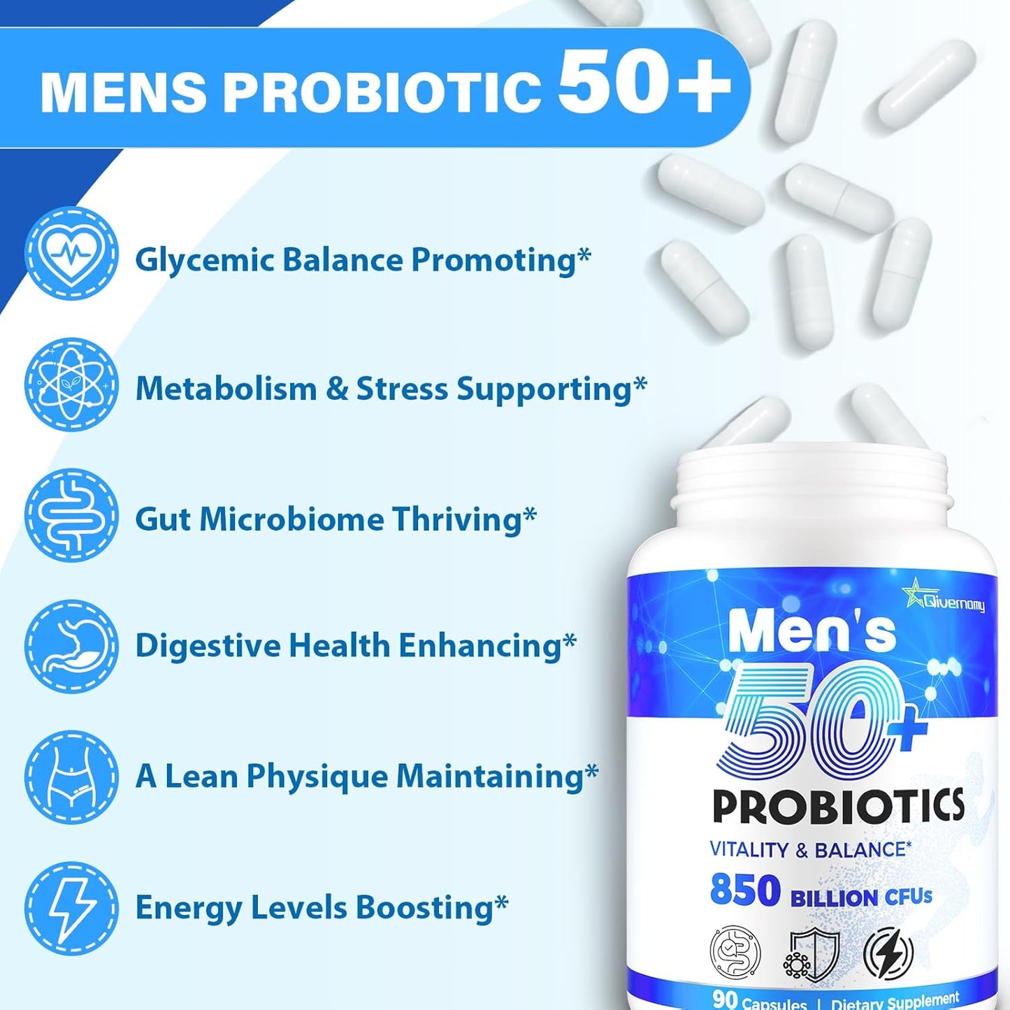 Tailored Wellness Men's Probiotics 50+ with 850 Billion CFU & 1800mg Prebiotics Fiber - Advanced Gut & Energy Support, 630 Capsules