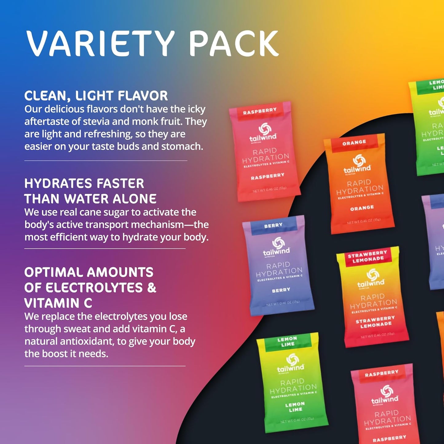 Tailwind Nutrition Electrolyte Drink Mix Packets - 15 Sticks Vegan Hydration Powder, Non-GMO, Vitamin-C, 5 Flavor Variety Pack