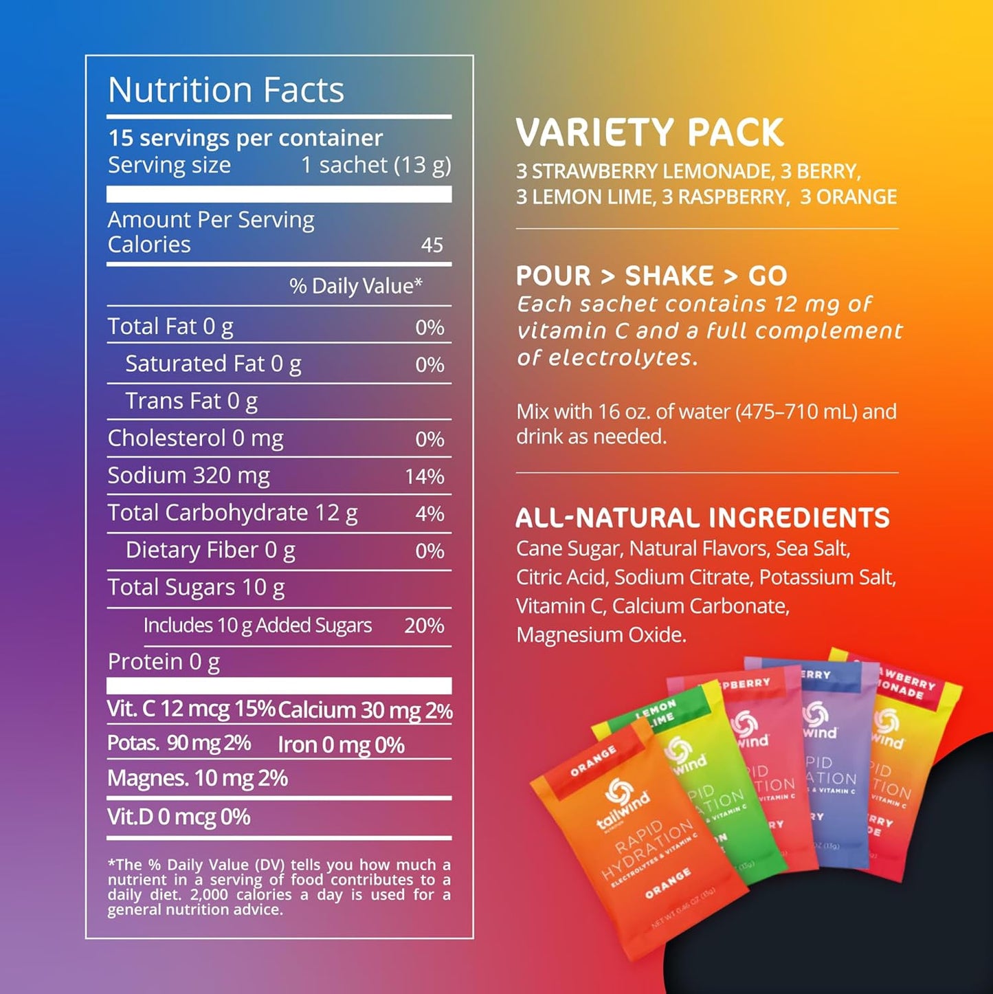 Tailwind Nutrition Electrolyte Drink Mix Packets - 15 Sticks Vegan Hydration Powder, Non-GMO, Vitamin-C, 5 Flavor Variety Pack