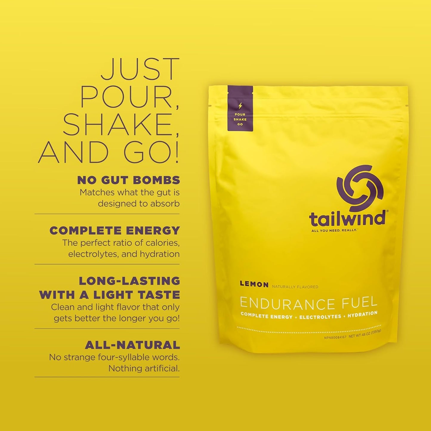 Tailwind Nutrition Endurance Fuel Lemon Sports Drink Mix Powder - 50 Servings, Gluten-Free & Vegan with Electrolytes & Hydration