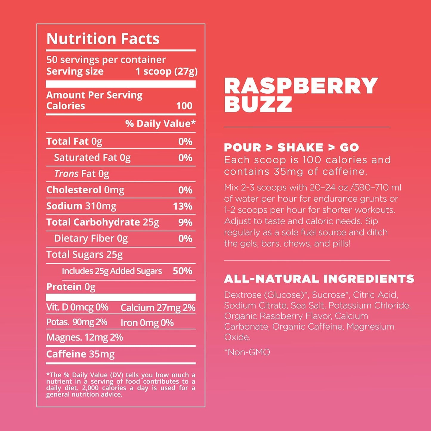 Tailwind Nutrition Endurance Fuel Raspberry Buzz Sports Drink Mix Powder - 50 Servings, Caffeinated & Vegan Formula