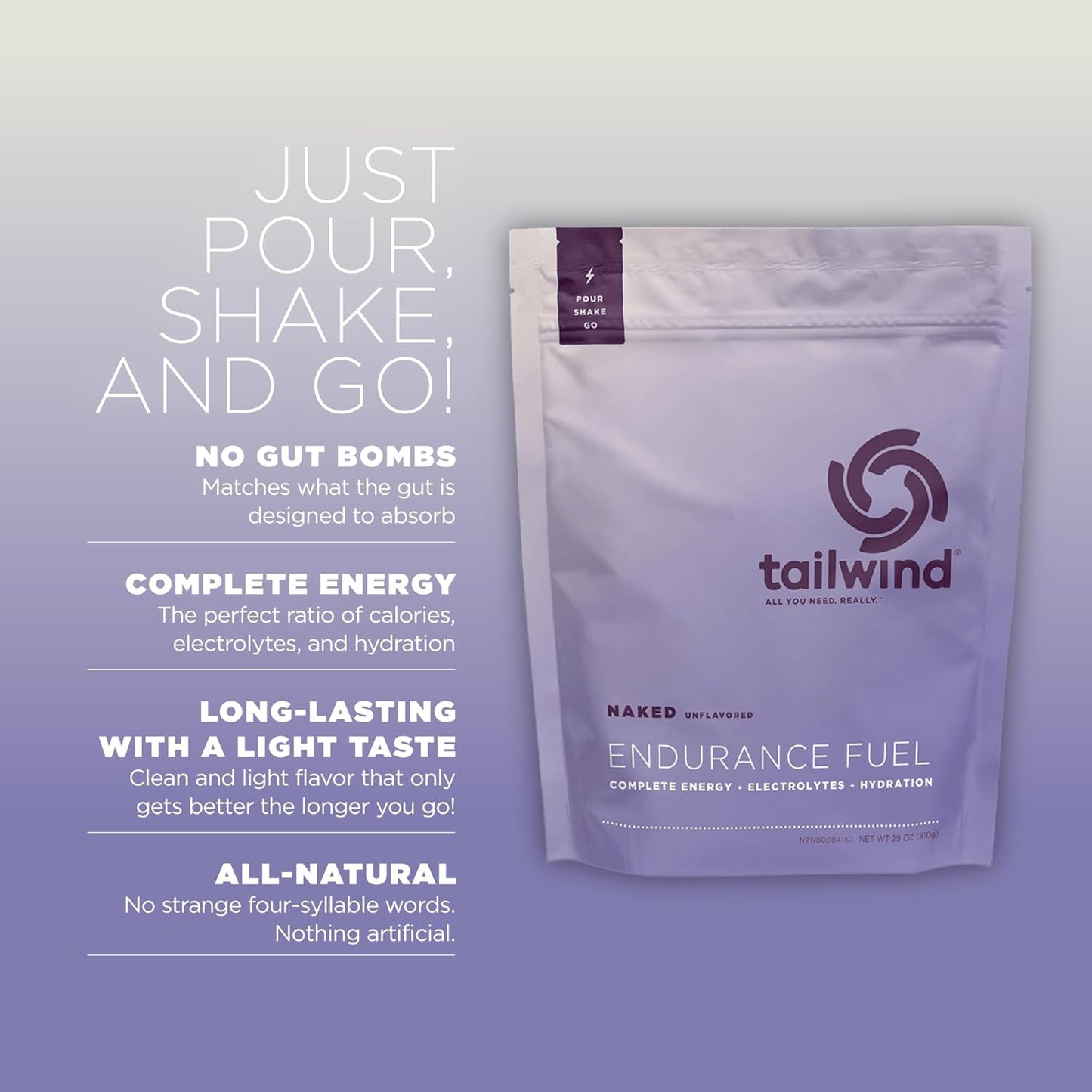 Tailwind Nutrition Endurance Fuel: Vegan Sports Drink Powder Mix with Electrolytes - Non-GMO, Gluten-Free, Dairy-Free, Naked Unflavored, 30 Servings