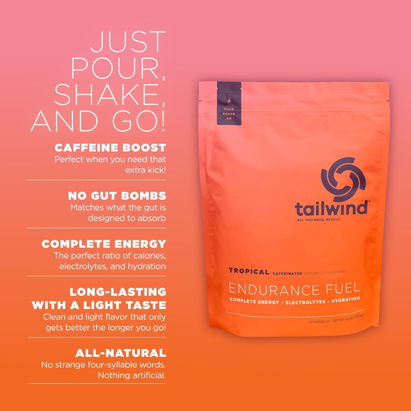 Tailwind Nutrition Tropical Buzz Endurance Fuel: Caffeinated Electrolyte Sports Drink Mix, Gluten-Free & Vegan, 50 Servings