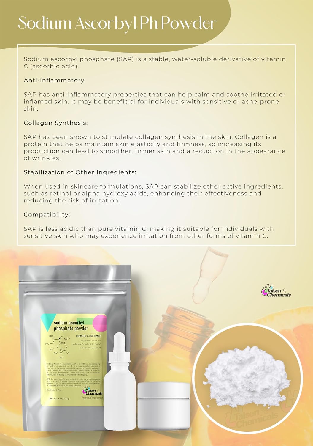 Talsen Chemicals Sodium Ascorbyl Phosphate Powder - Antioxidant, Increase Elasticity, Stable Vitamin C for DIY Skin Care - 2oz/56g