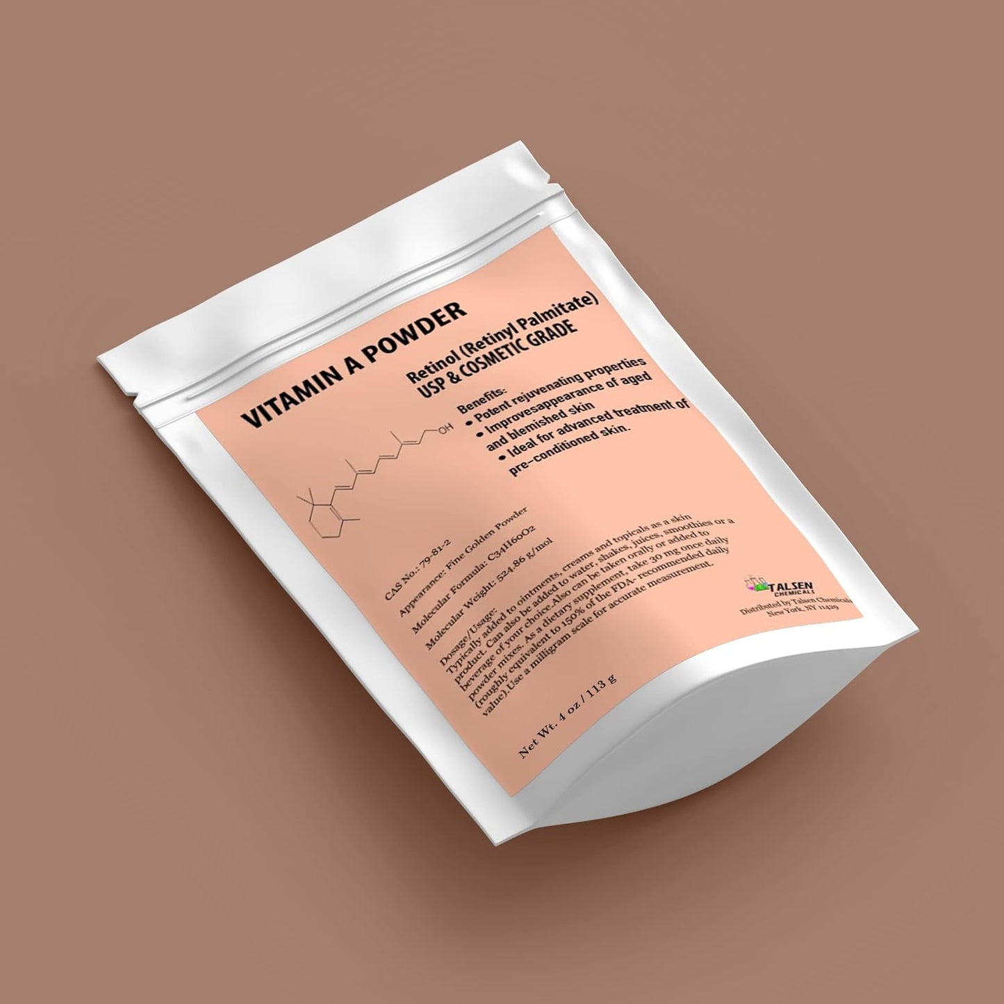 Talsen Chemicals Vitamin A Powder Retinyl Palmitate, Pure Retinol Powdered Vitamin Water Soluble Vitamin A USP & Cosmetic Grade (2 oz. / 56 Grams)