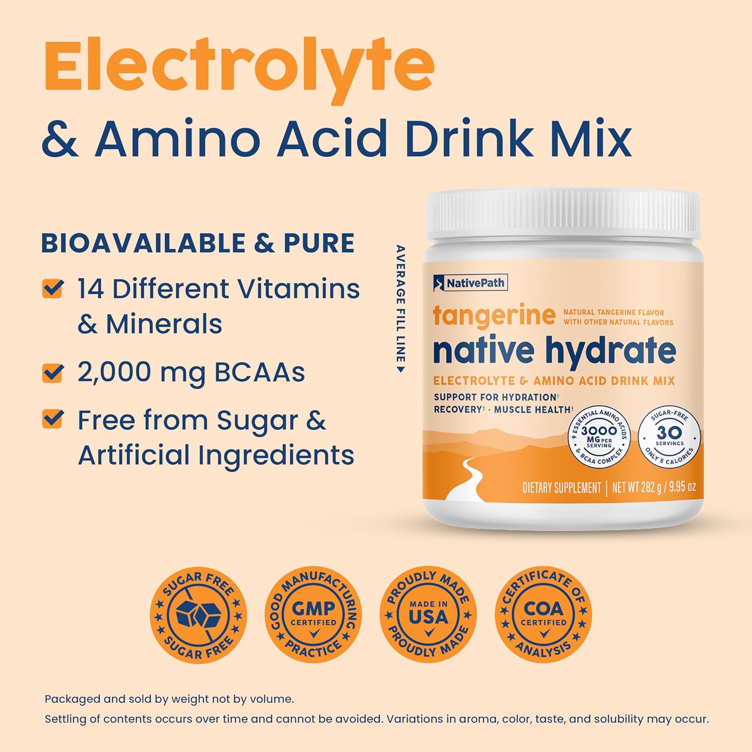 Tangerine Electrolyte Drink Mix with BCAA and Vitamin D3K2 - NativePath Hydrate Duos